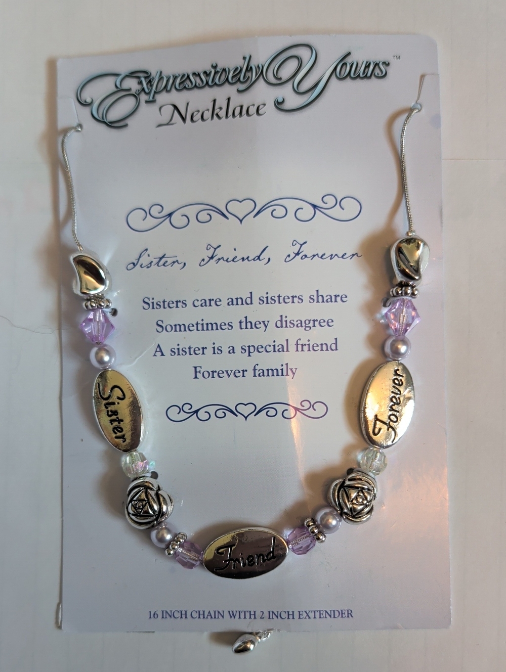 Silver Tone Necklace with Light Purple Accents — Sister, Friend, Forever